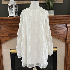 Lena Winter White Lined Textured Balloon‎ Sleeve Mini Dress Sz. L